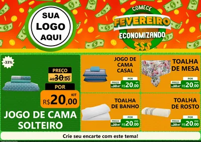 Modelo de Encarte para Encarte A4 Horizontal com o tema Comece Fevereiro Economizando para Cama, Mesa e Banho