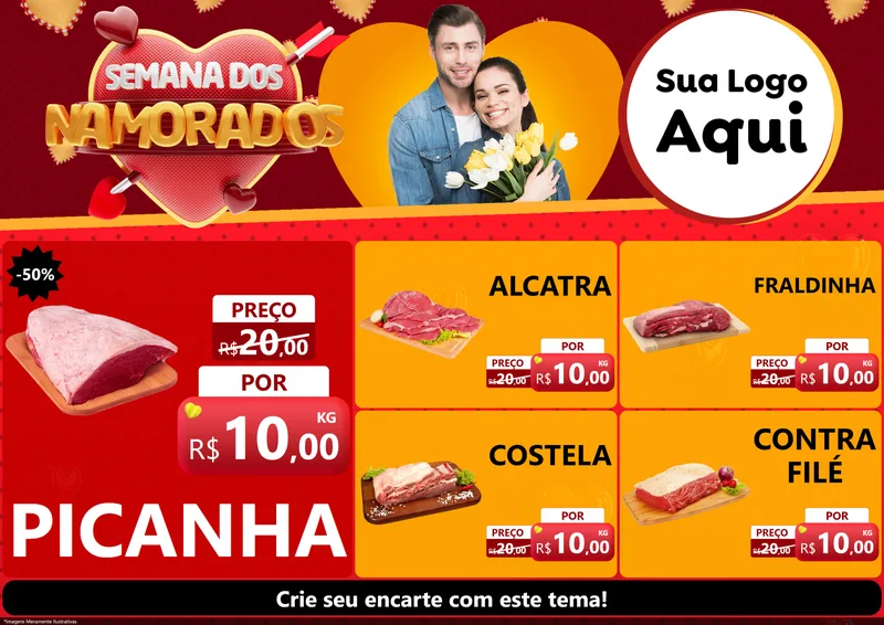 Modelo de Encarte para Encarte A4 Horizontal com o tema Semana dos Namorados para Açougue