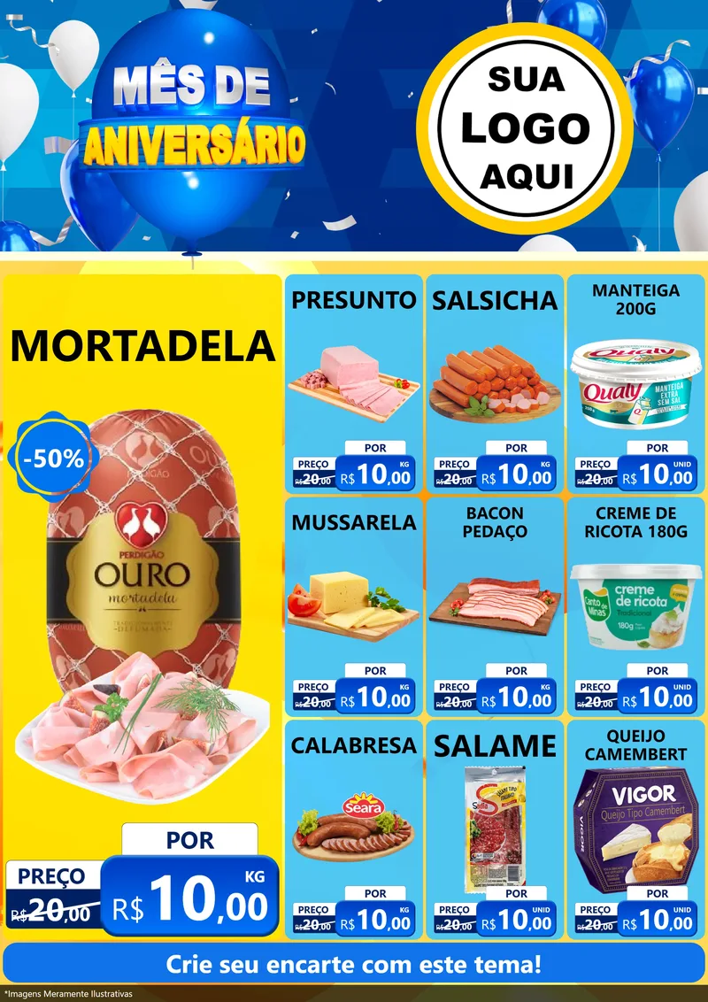 Modelo de Encarte para Encarte A4 Vertical com o tema Mês de Aniversário para Frios e Laticínios