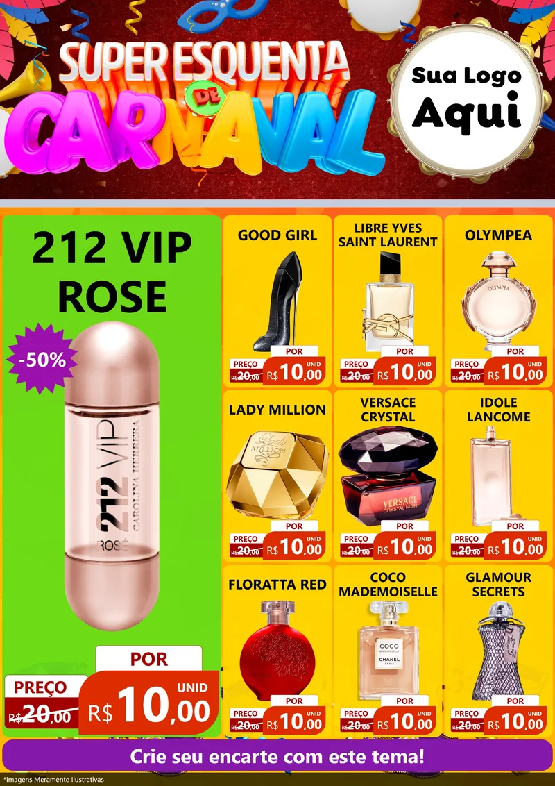Modelo de Encarte para Encarte A4 Vertical com o tema Super Esquenta de Carnaval para Perfumes
