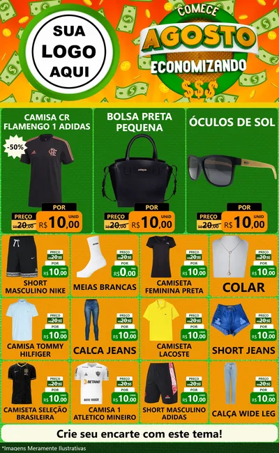 Modelo de Encarte para Encarte Grande com o tema Comece Agosto Economizando para Roupas e acessórios