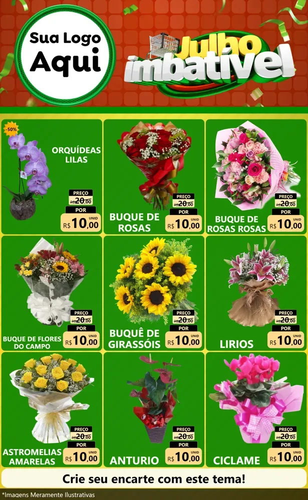 Modelo de Encarte para Encarte Grande com o tema Julho Imbatível para Floricultura e jardim