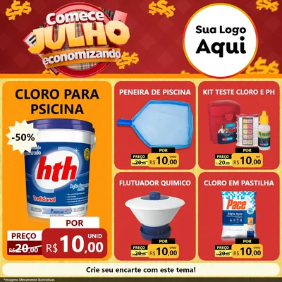 Modelo de Rede Social para Feed Facebook com o tema Comece Julho Economizando para Produtos para Piscina