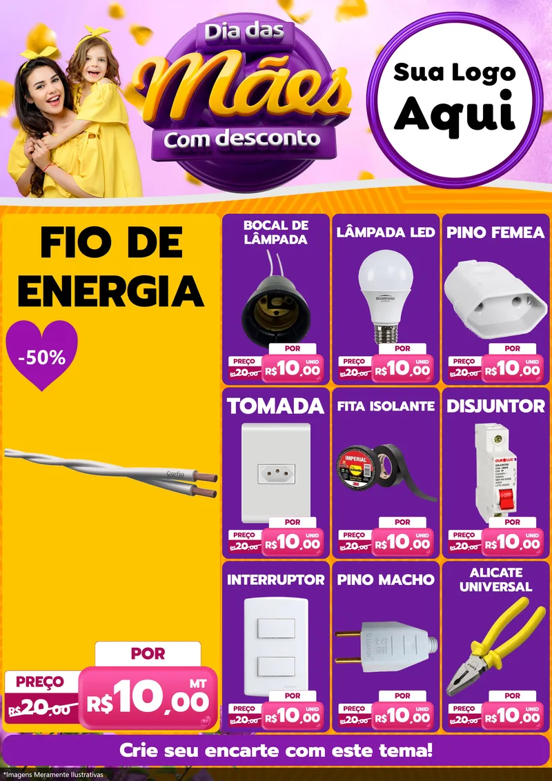 Modelo de Encarte para Encarte A4 Vertical com o tema Dia das Mães com Desconto para Materiais Elétricos