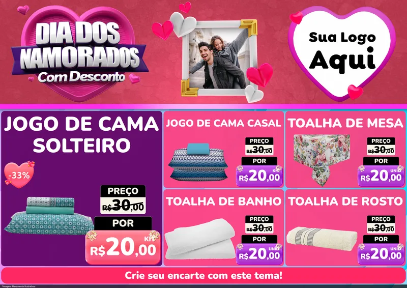 Modelo de Encarte para Encarte A4 Horizontal com o tema Dia Dos Namorados Com Desconto para Cama, Mesa e Banho
