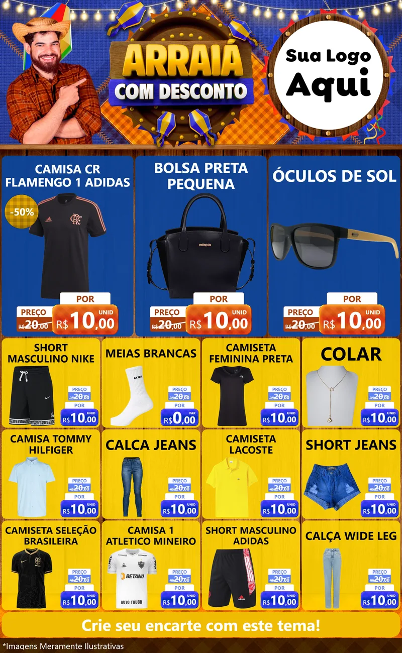 Modelo de Encarte para Encarte Grande com o tema Arraiá Com Desconto para Roupas e acessórios