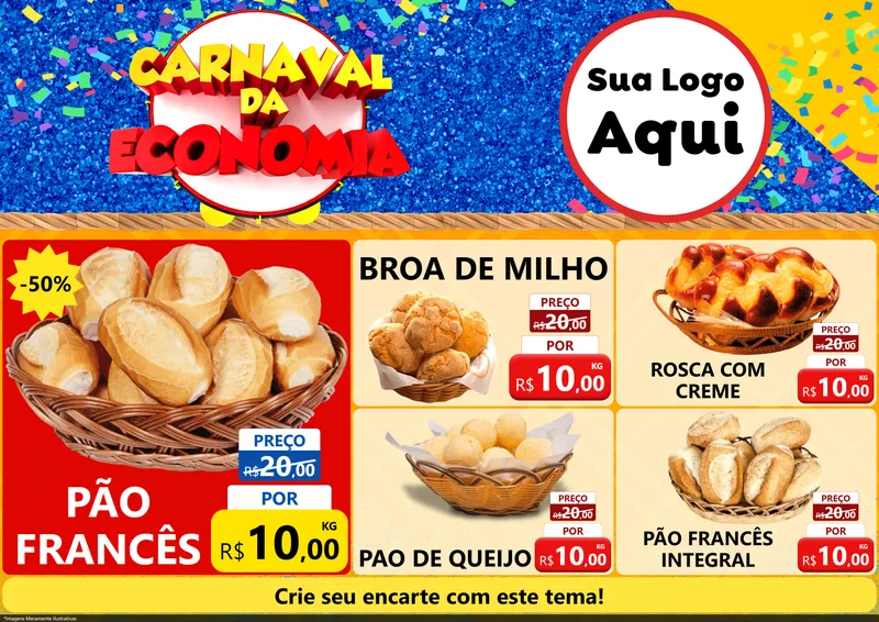 Modelo de Encarte para Encarte A4 Horizontal com o tema Carnaval da Economia para Padaria