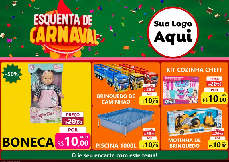 Modelo de Encarte para Encarte A4 Horizontal com o tema Esquenta de Carnaval para Brinquedos