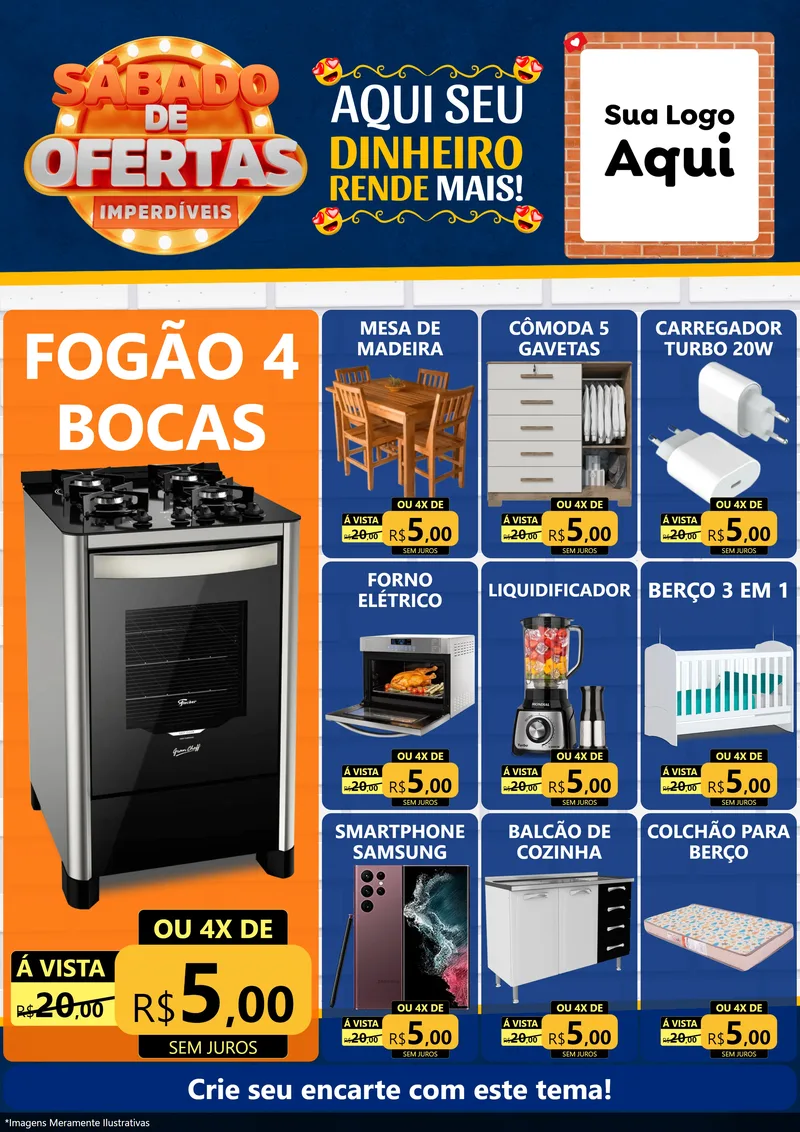 Modelo de Encarte para Encarte A4 Vertical com o tema Sábado de Ofertas Imperdíveis para Móveis e Eletro
