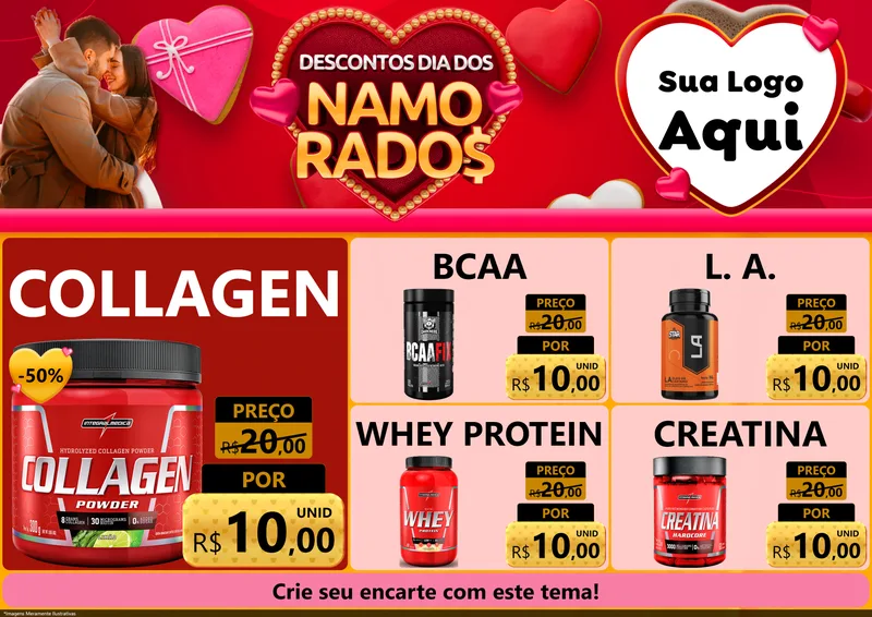 Modelo de Encarte para Encarte A4 Horizontal com o tema Descontos Dia dos Namorados para Suplementos alimentares