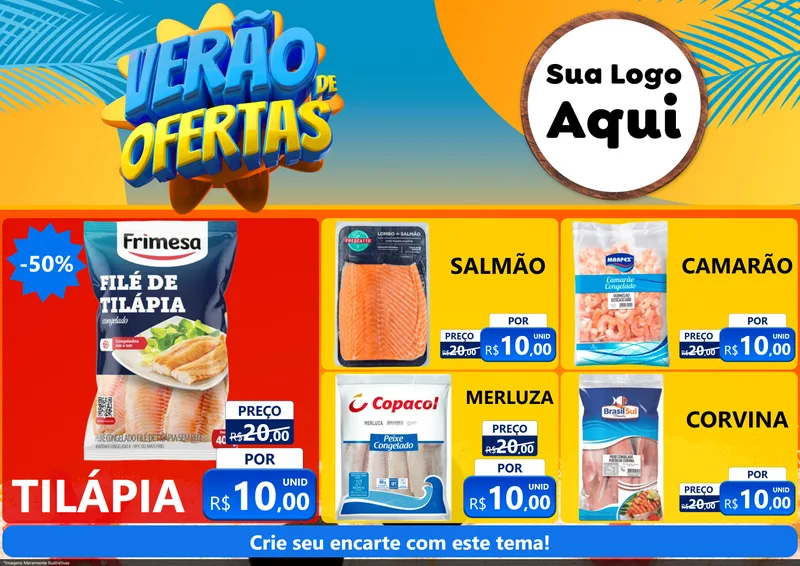 Modelo de Encarte para Encarte A4 Horizontal com o tema Verão de Ofertas para Peixaria