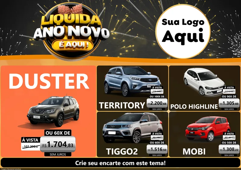 Modelo de Encarte para Encarte A4 Horizontal com o tema Liquida Ano Novo É Aqui! para Concessionaria de Carros