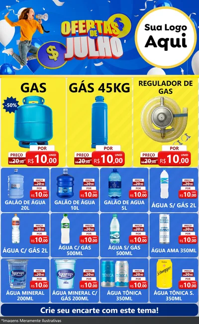 Modelo de Encarte para Encarte Grande com o tema Ofertas de Julho para Água e gás