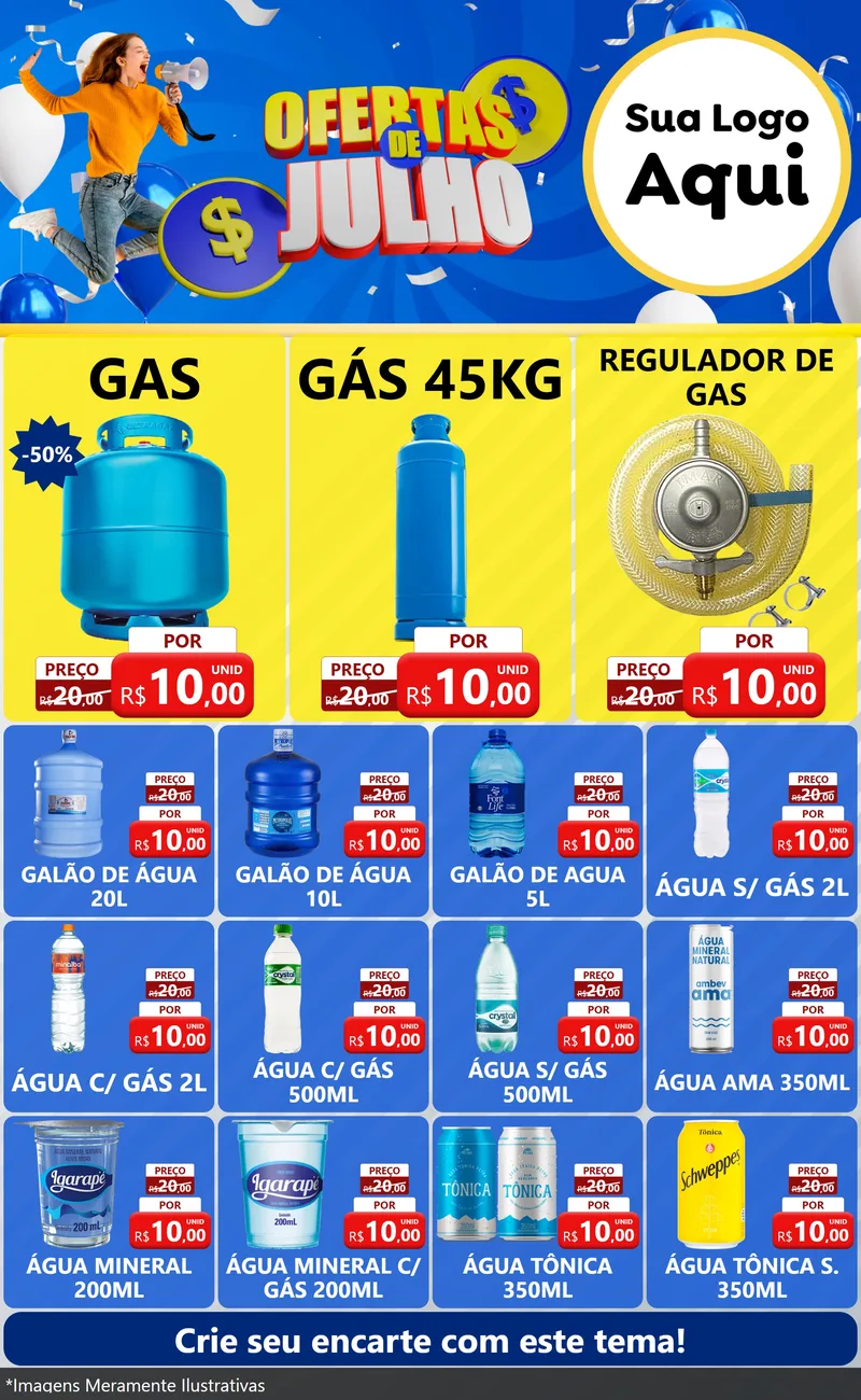 Modelo de Encarte para Encarte Grande com o tema Ofertas de Julho para Água e gás