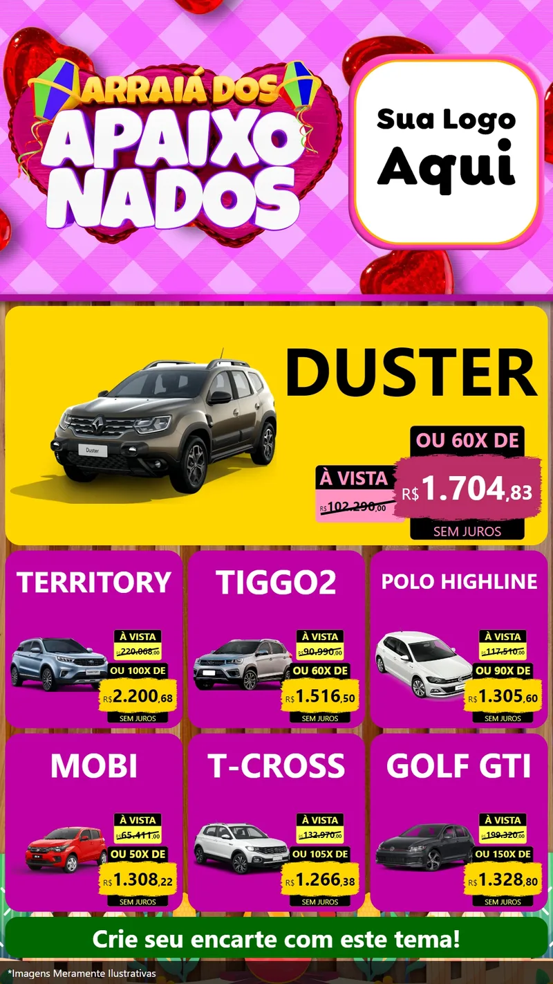 Modelo de Rede Social para Stories com o tema Arraiá dos Apaixonados para Concessionaria de Carros