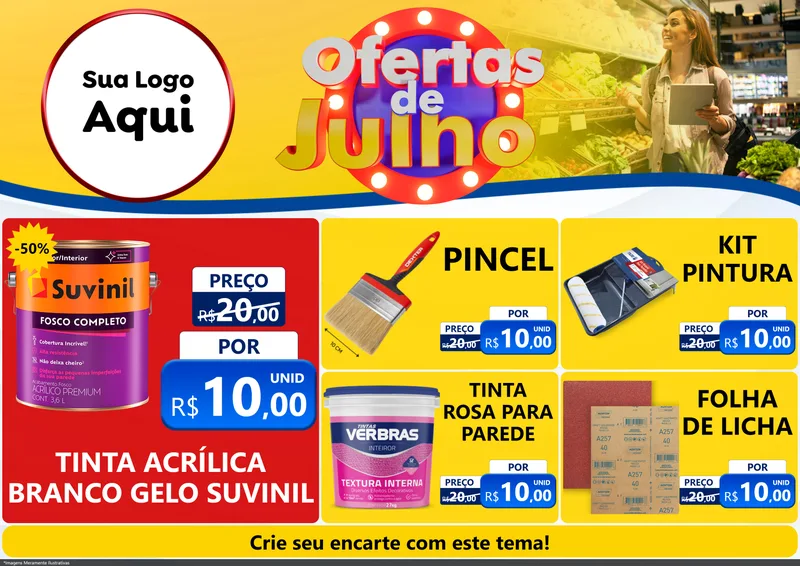 Modelo de Encarte para Encarte A4 Horizontal com o tema Ofertas de Julho para Tintas e Ferramentas