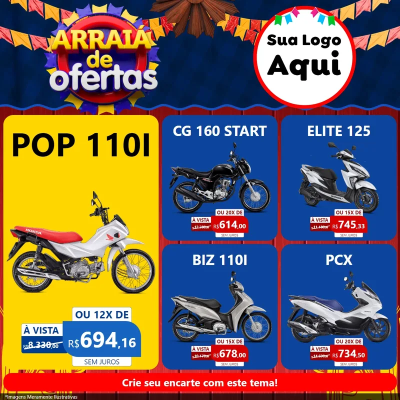 Modelo de Rede Social para Feed Facebook com o tema Arraiá de Ofertas para Concessionaria de Motos