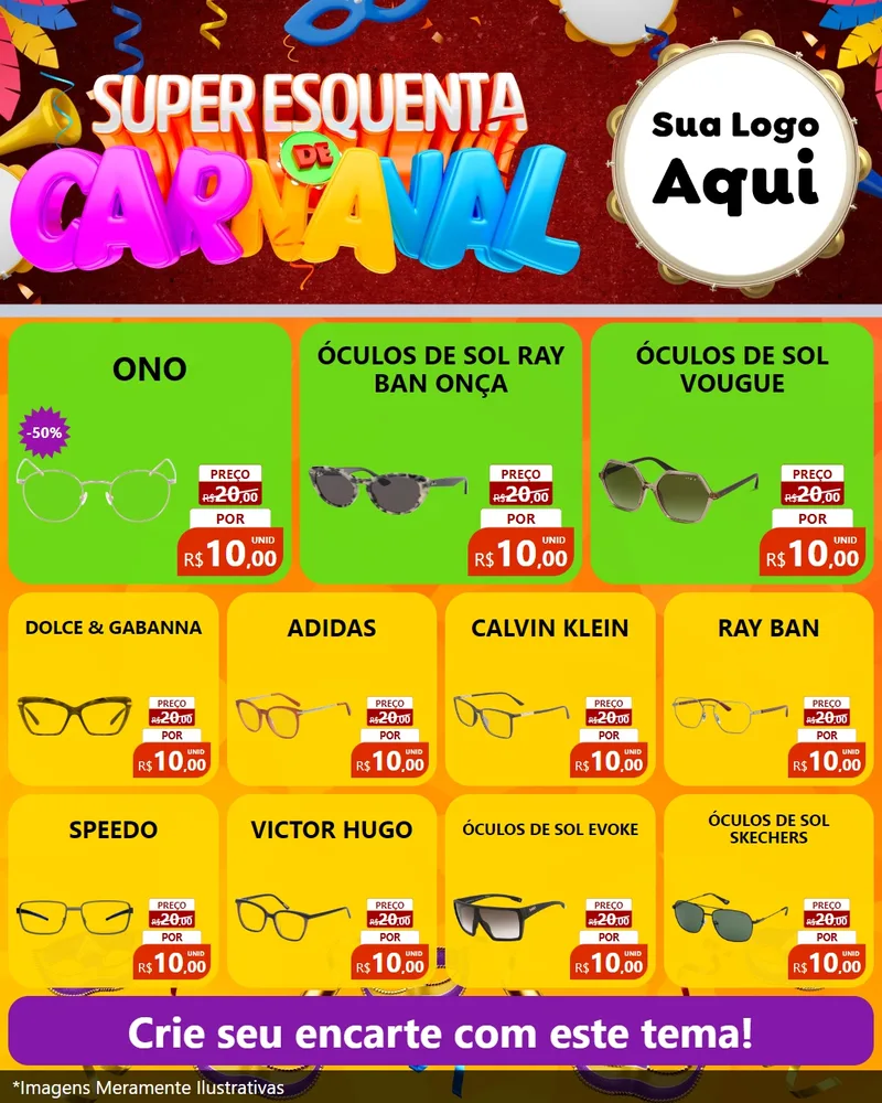 Modelo de Rede Social para Feed Instagram com o tema Super Esquenta de Carnaval para Óticas