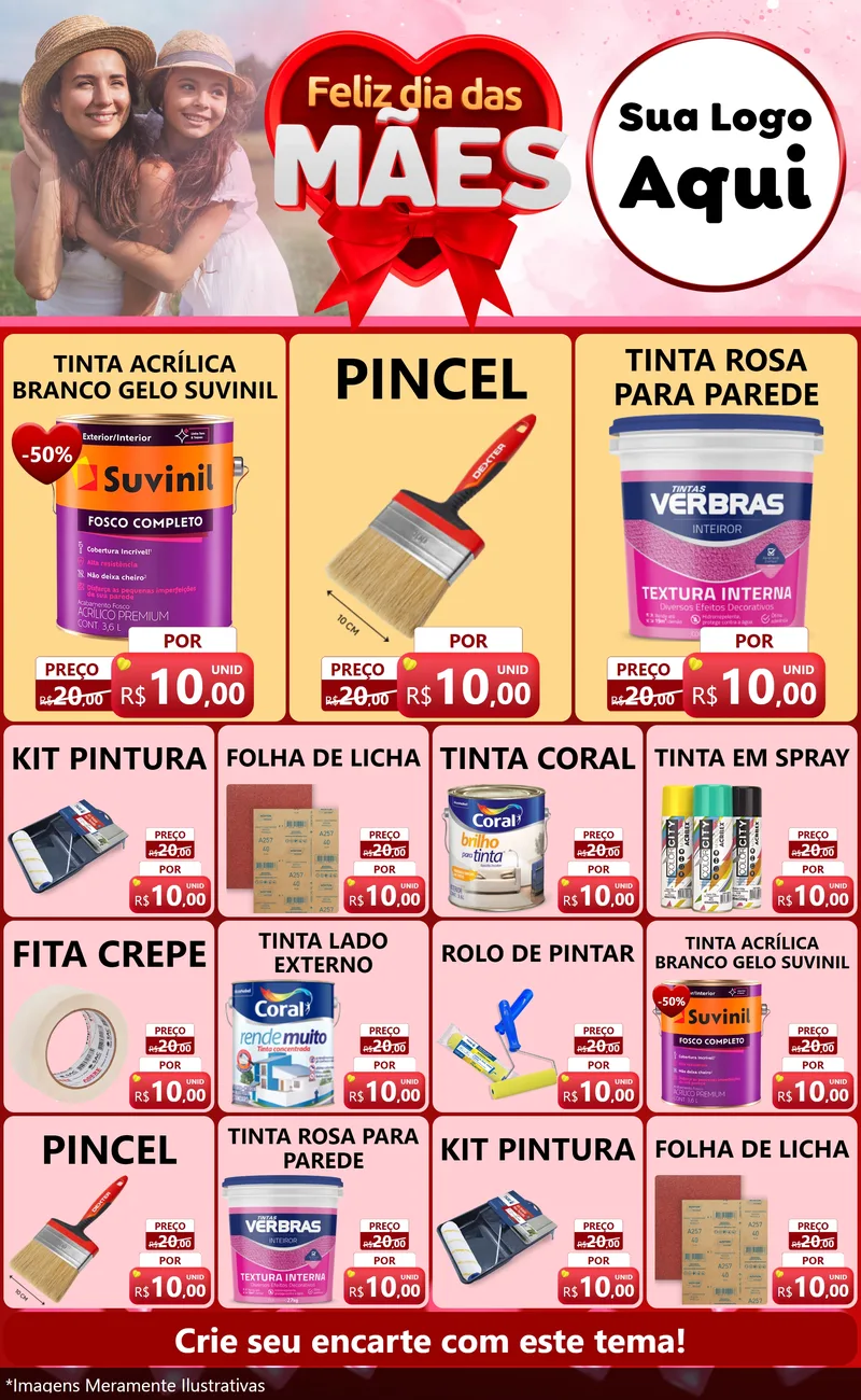 Modelo de Encarte para Encarte Grande com o tema Feliz Dia Das Mães para Tintas e Ferramentas