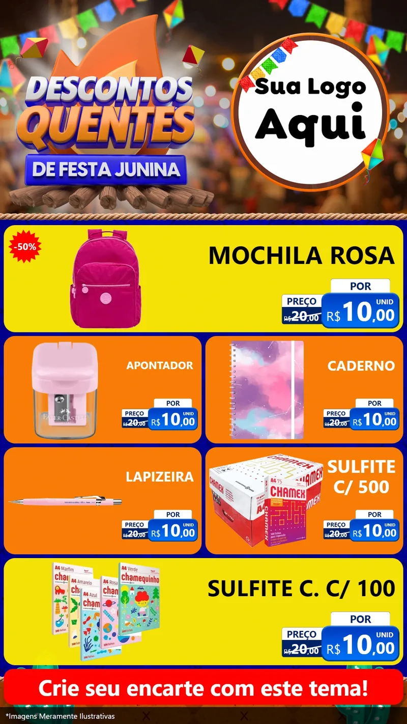 Modelo de TV para TV Vertical com o tema Descontos Quentes de Festa Junina para Papelaria