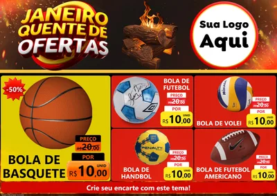 Modelo de Encarte para Encarte A4 Horizontal com o tema Janeiro Quente de Ofertas para Artigos Esportivos