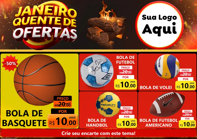 Modelo de Encarte para Encarte A4 Horizontal com o tema Janeiro Quente de Ofertas para Artigos Esportivos