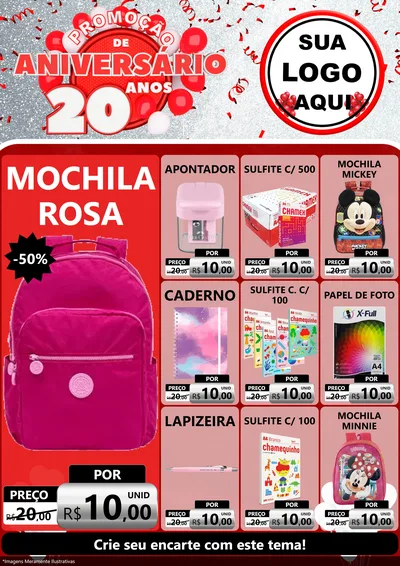 Modelo de Encarte para Encarte A4 Vertical com o tema Promoção de Aniversário - 20 Anos para Papelaria