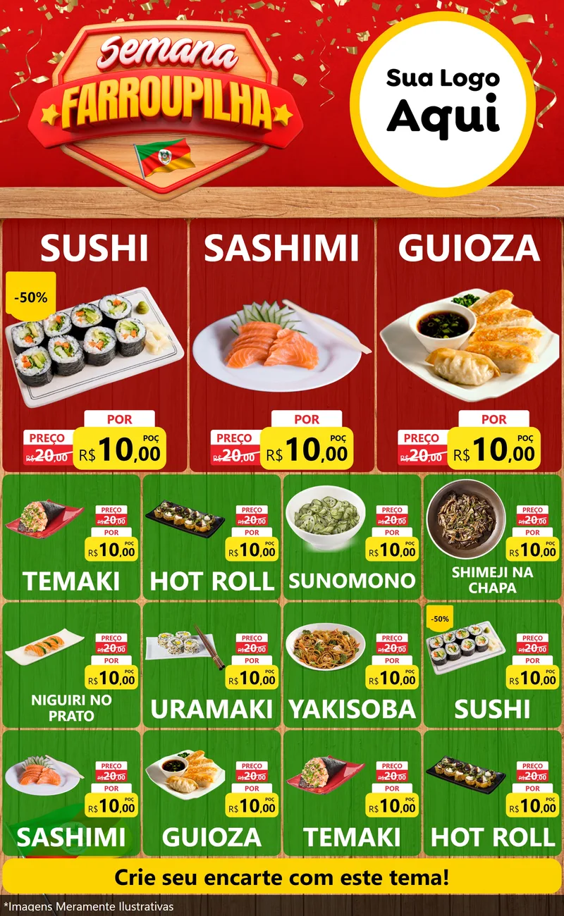 Modelo de Encarte para Encarte Grande com o tema Semana Farroupilha para Comida japonesa