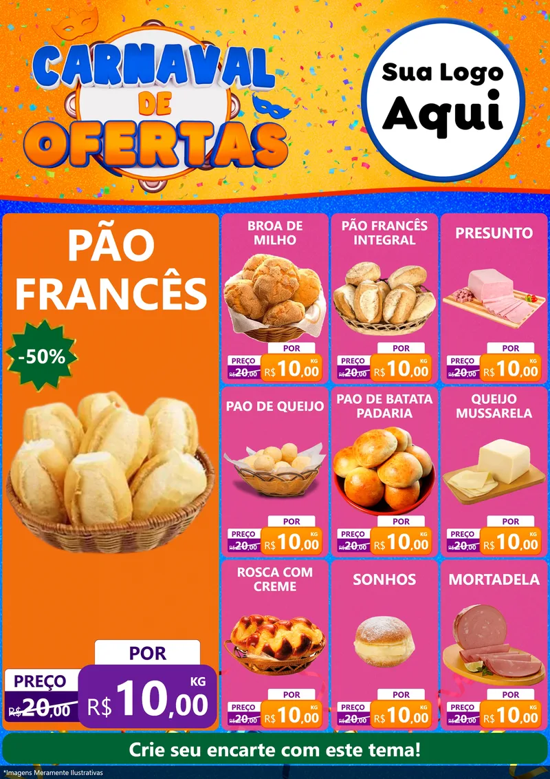 Modelo de Encarte para Encarte A4 Vertical com o tema Carnaval de Ofertas para Padaria