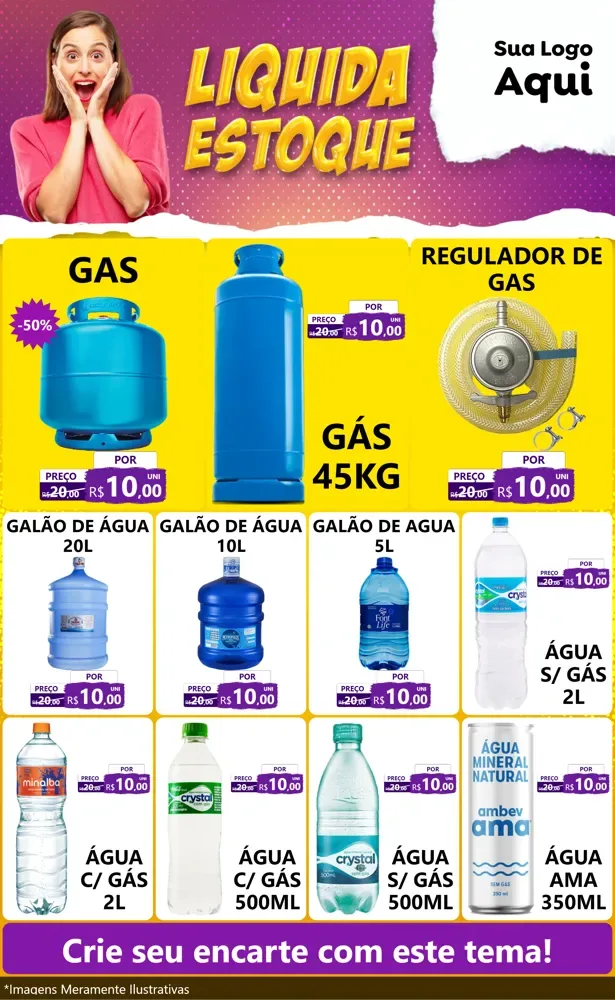 Modelo de Encarte para Encarte Grande com o tema Liquida estoque para Água e gás