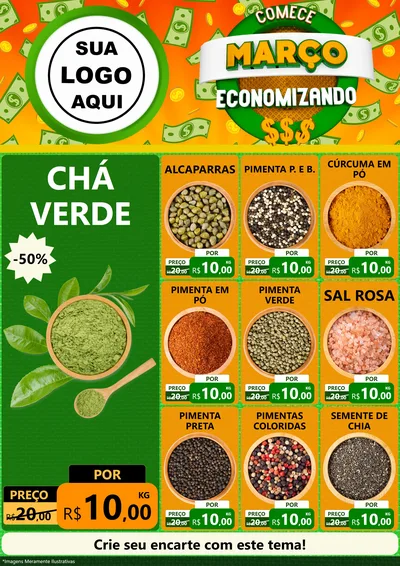 Modelo de Encarte para Encarte A4 Vertical com o tema Comece Março Economizando para Produtos Naturais