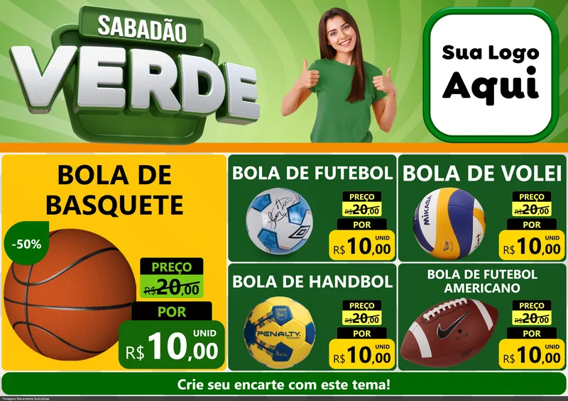 Modelo de Encarte para Encarte A4 Horizontal com o tema Sabadão Verde para Artigos Esportivos