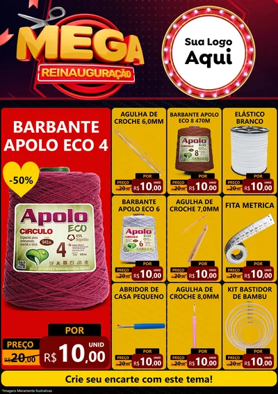 Modelo de Encarte para Encarte A4 Vertical com o tema Mega Reinauguração para Armarinho e Aviamentos