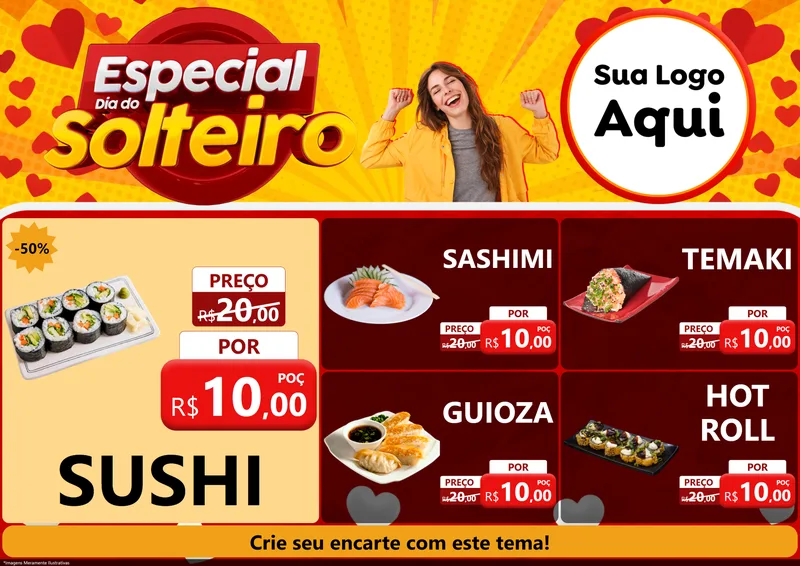 Modelo de Encarte para Encarte A4 Horizontal com o tema Especial Dia do Solteiro para Comida japonesa