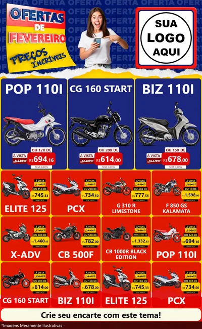 Modelo de Encarte para Encarte Grande com o tema Ofertas de Fevereiro - Preços Incríveis para Concessionaria de Motos
