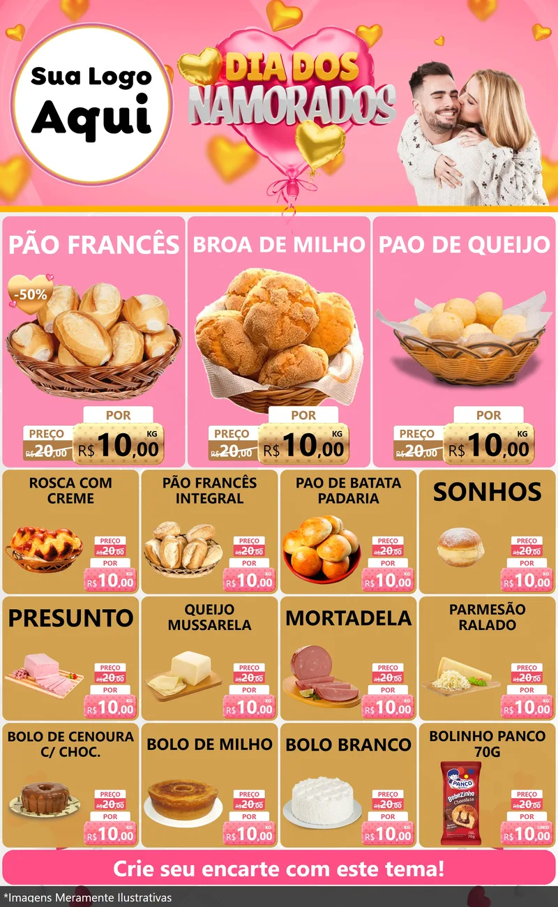 Modelo de Encarte para Encarte Grande com o tema Dia dos Namorados para Padaria