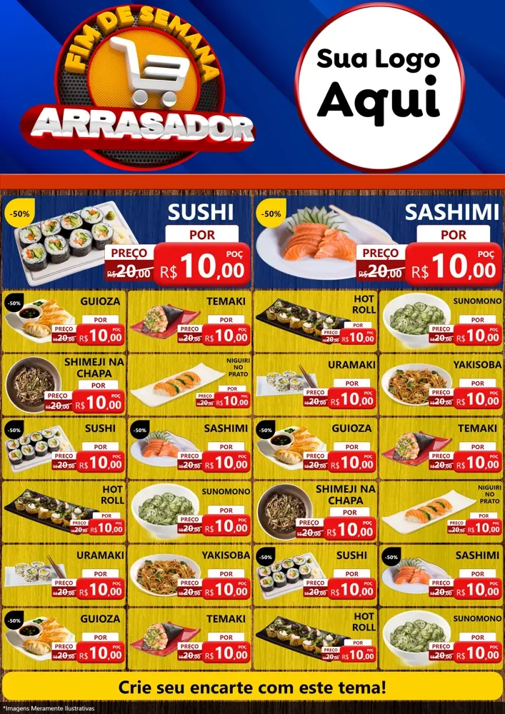 Modelo de Encarte para Encarte A4 Vertical com o tema Fim De Semana Arrasador para Comida japonesa