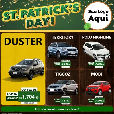 Modelo de Rede Social para Feed Facebook com o tema St Patriks Day para Concessionaria de Carros