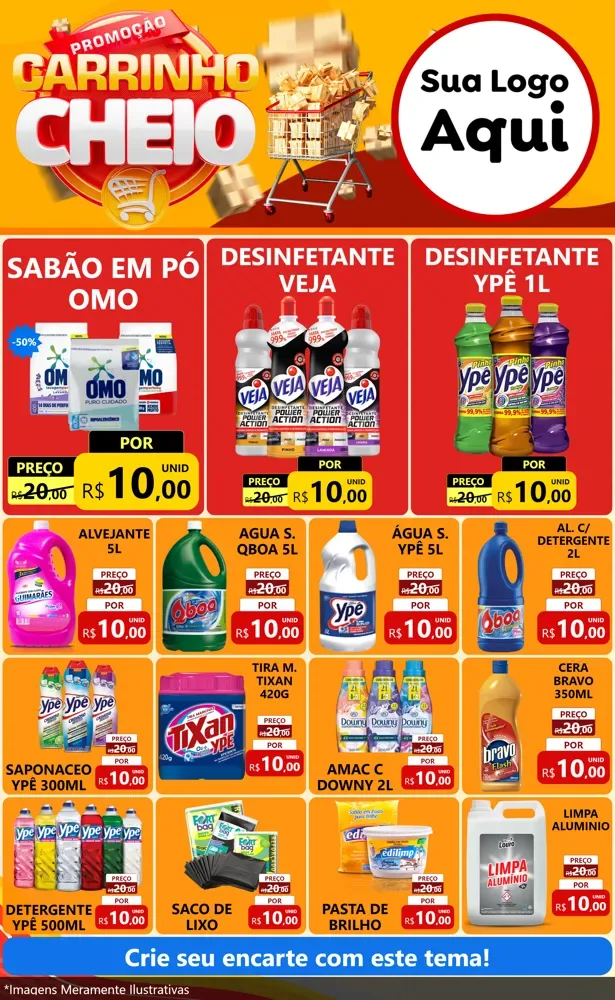 Modelo de Encarte para Encarte Grande com o tema Promoção carrinho cheio para Produtos de Limpeza