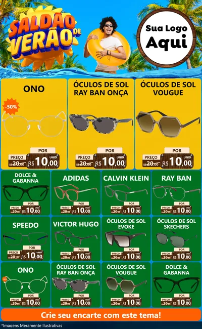 Modelo de Encarte para Encarte Grande com o tema Saldão de Verão para Óticas