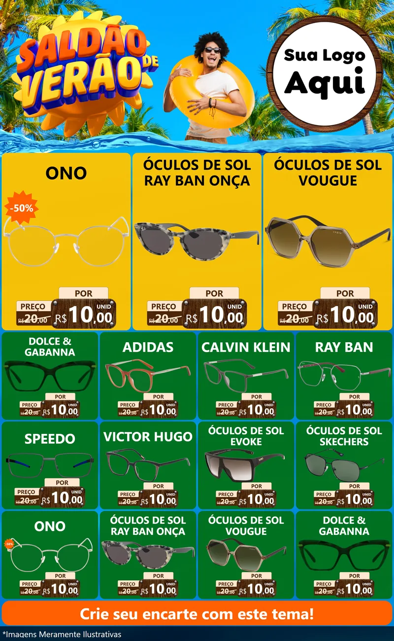 Modelo de Encarte para Encarte Grande com o tema Saldão de Verão para Óticas