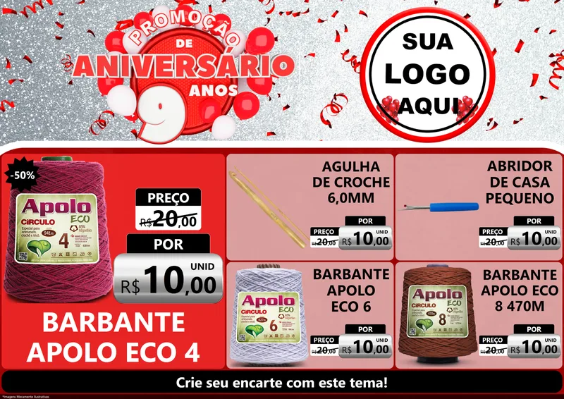 Modelo de Encarte para Encarte A4 Horizontal com o tema Promoção de Aniversário - 9 Anos para Armarinho e Aviamentos