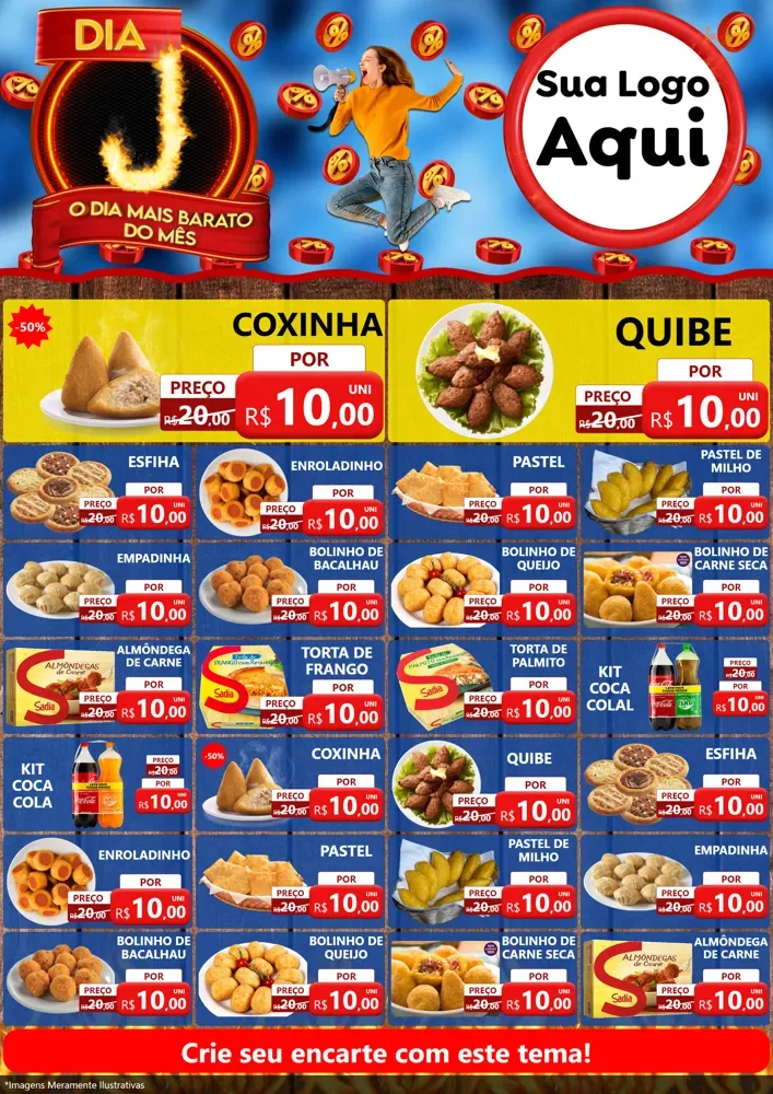 Modelo de Encarte para Encarte A4 Vertical com o tema Dia J - O Dia Mais Barato Do Mês para Salgadaria