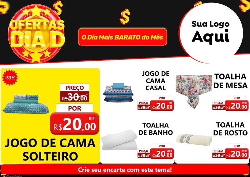 Modelo de Encarte para Encarte A4 Horizontal com o tema Dia D para Cama, Mesa e Banho