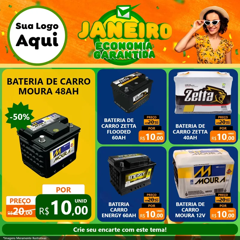 Modelo de Rede Social para Feed Facebook com o tema Janeiro - Economia Garantida para Baterias Elétricas