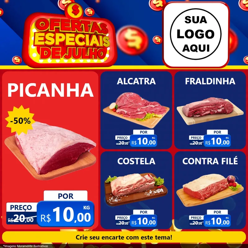 Modelo de Rede Social para Feed Facebook com o tema Ofertas Especiais de Julho para Açougue