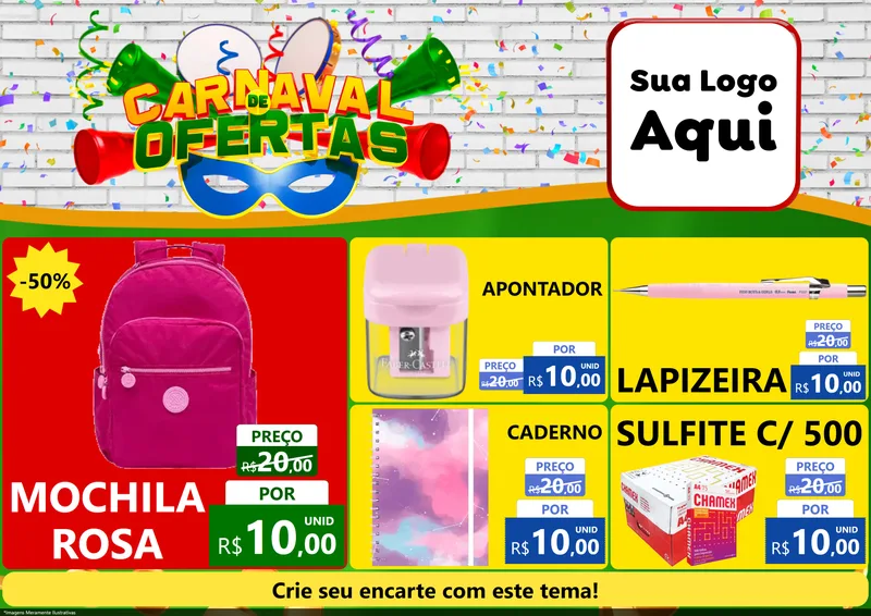 Modelo de Encarte para Encarte A4 Horizontal com o tema Carnaval de Ofertas para Papelaria