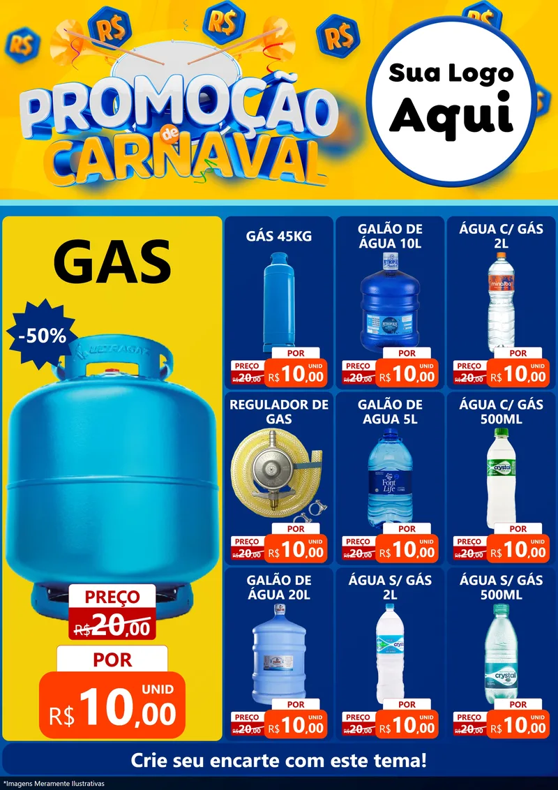 Modelo de Encarte para Encarte A4 Vertical com o tema Promoção de Carnaval para Água e gás
