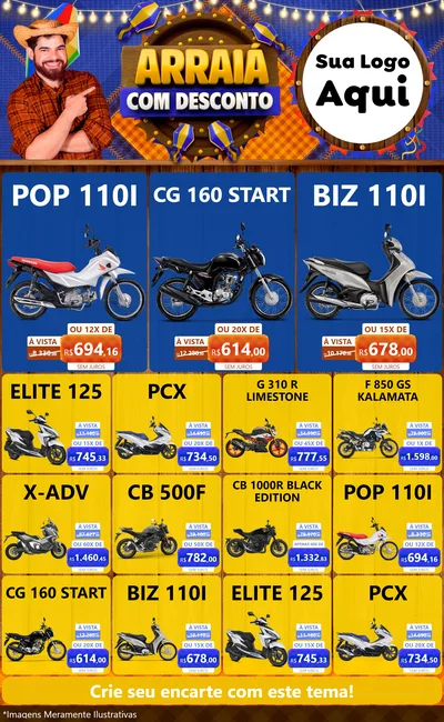 Modelo de Encarte para Encarte Grande com o tema Arraiá Com Desconto para Concessionaria de Motos