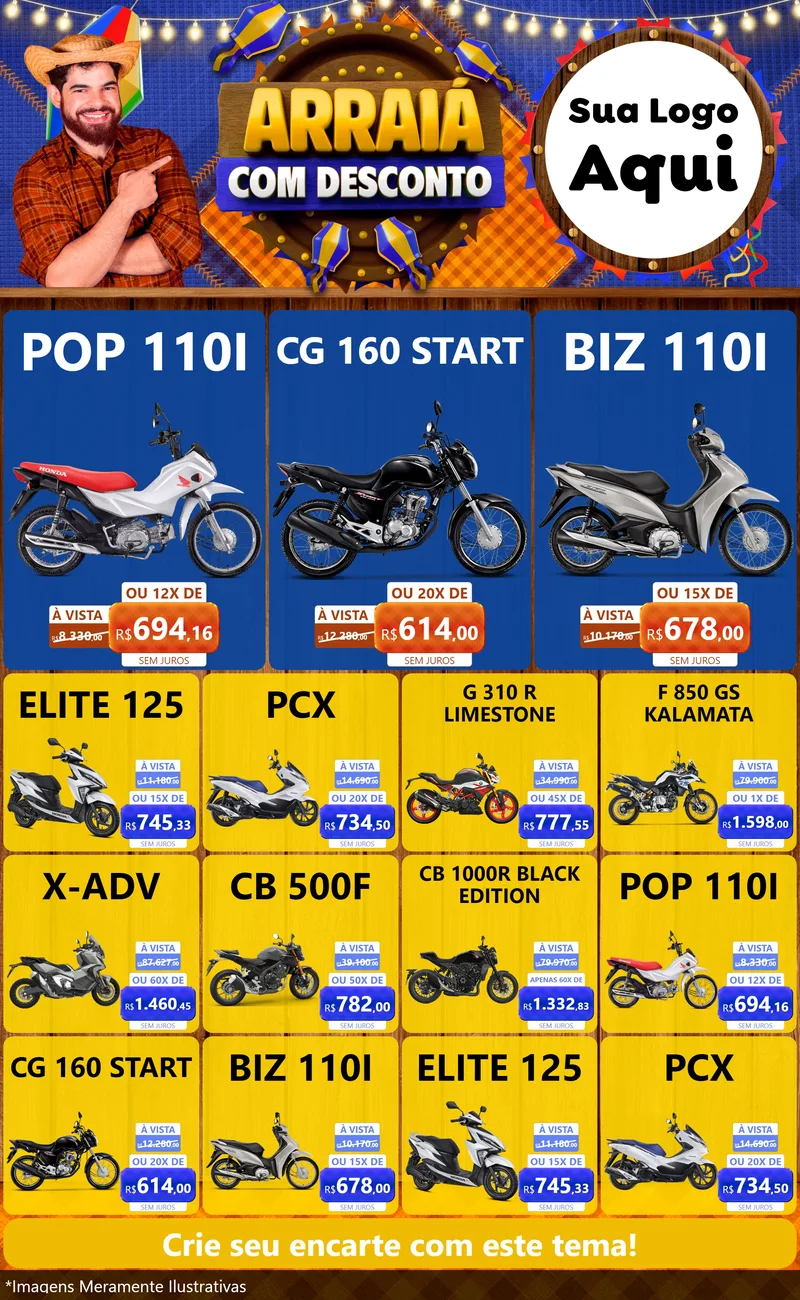 Modelo de Encarte para Encarte Grande com o tema Arraiá Com Desconto para Concessionaria de Motos